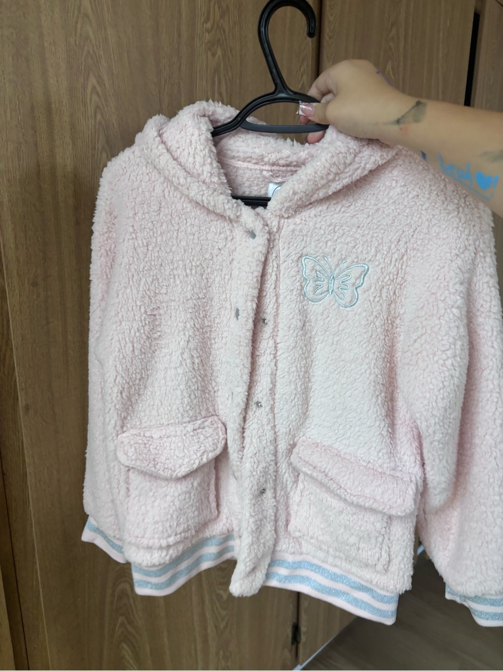Pink Sherpa Hooded Jacket with Butterfly Accent